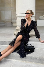 Polka Dot Deep V-Neck Button Front Puff Sleeve Tiered Maxi Dress
