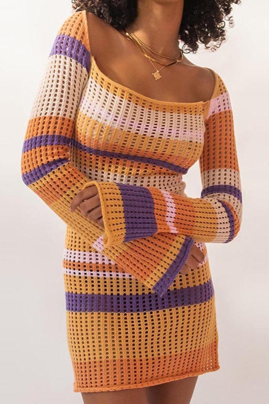 Striped Open Knit Square Neck Bell Sleeve Bodycon Mini Dress