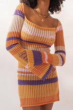 Striped Open Knit Square Neck Bell Sleeve Bodycon Mini Dress