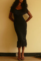 Solid Color V-neck Off-shoulder Slim-fit Tassel Midi Dress
