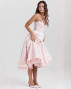 Lace Trim Corset Bustier Spaghetti Strap Pleated Pocket Tea Length Dress