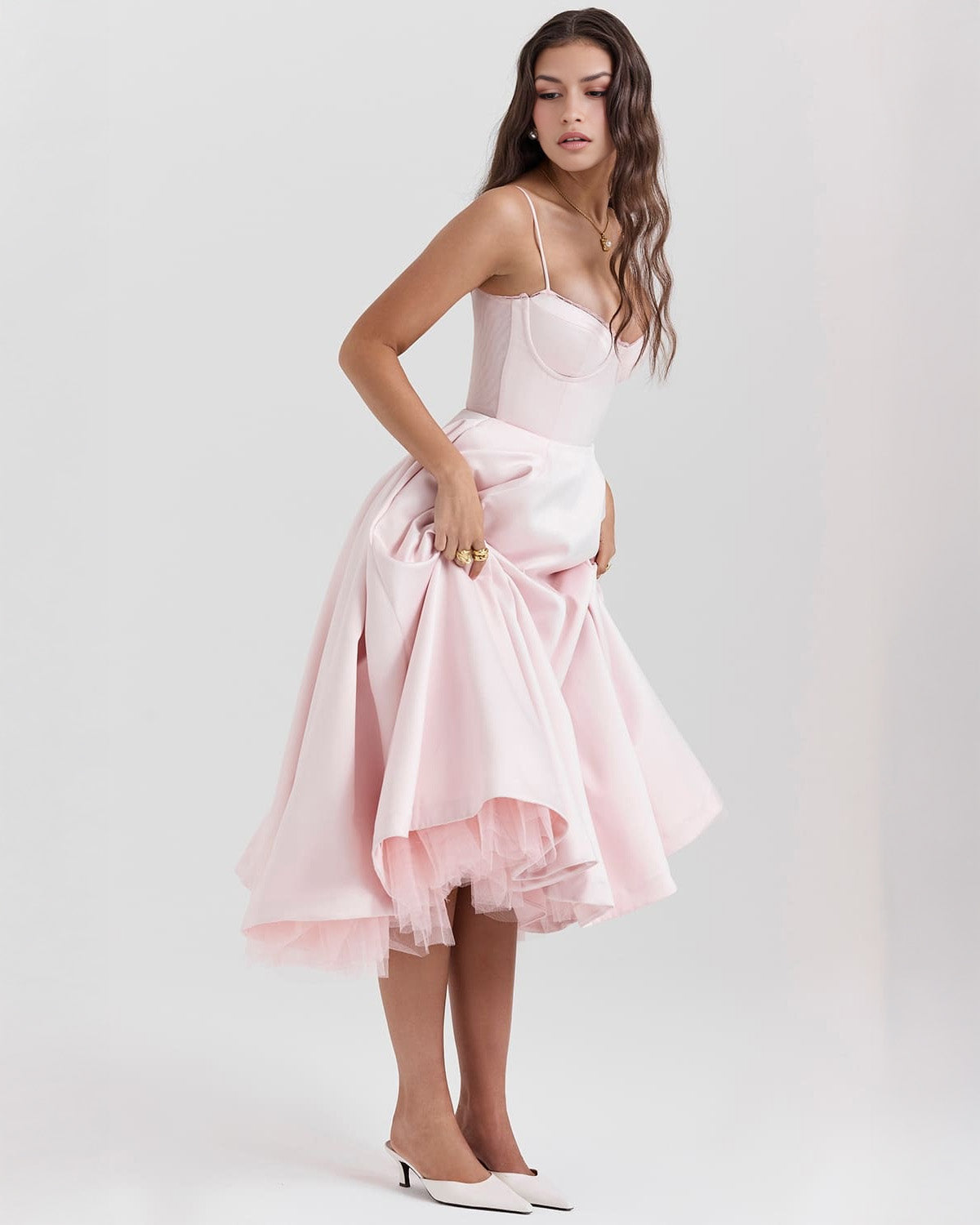 Lace Trim Corset Bustier Spaghetti Strap Pleated Pocket Tea Length Dress