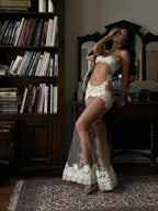 Sheer And Sexy Patchwork Mesh Lace Trim Suspender Long Dress