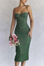 Sweetheart Lace Corset Bustier Scallop Trim Bodycon Midi Dress