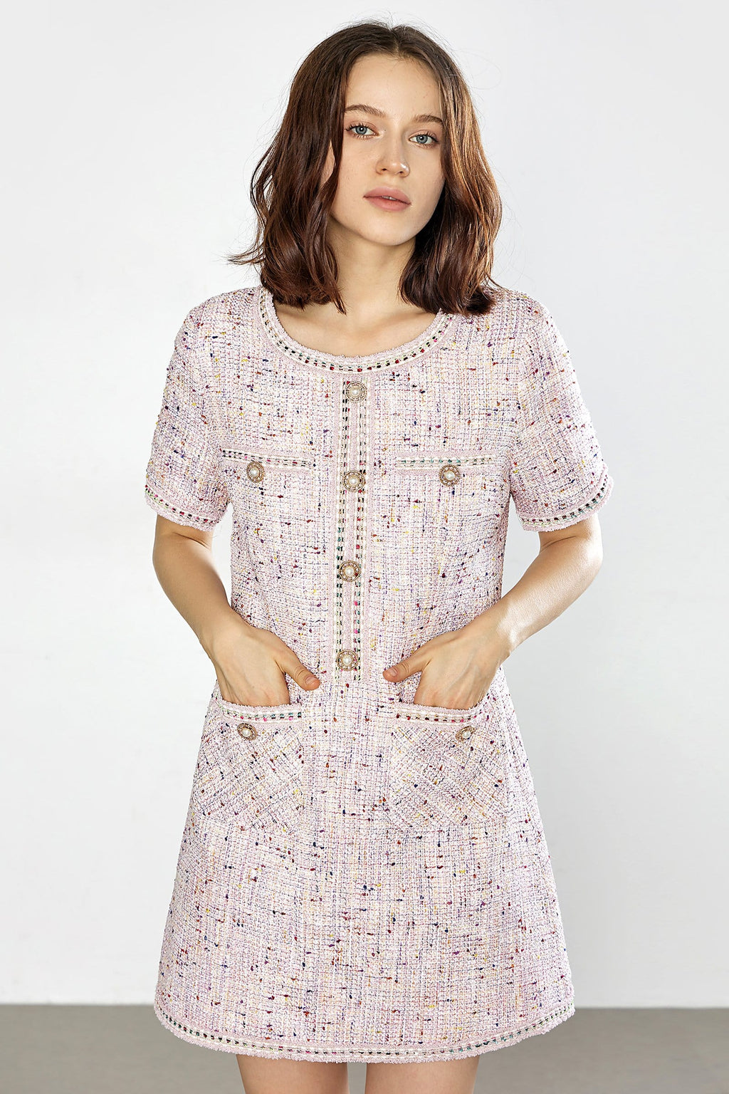 Tweed Jewel Button Patch Pocket Embellished Trim Mini Dress