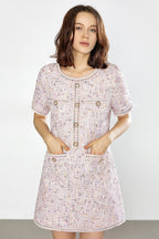 Tweed Jewel Button Patch Pocket Embellished Trim Mini Dress
