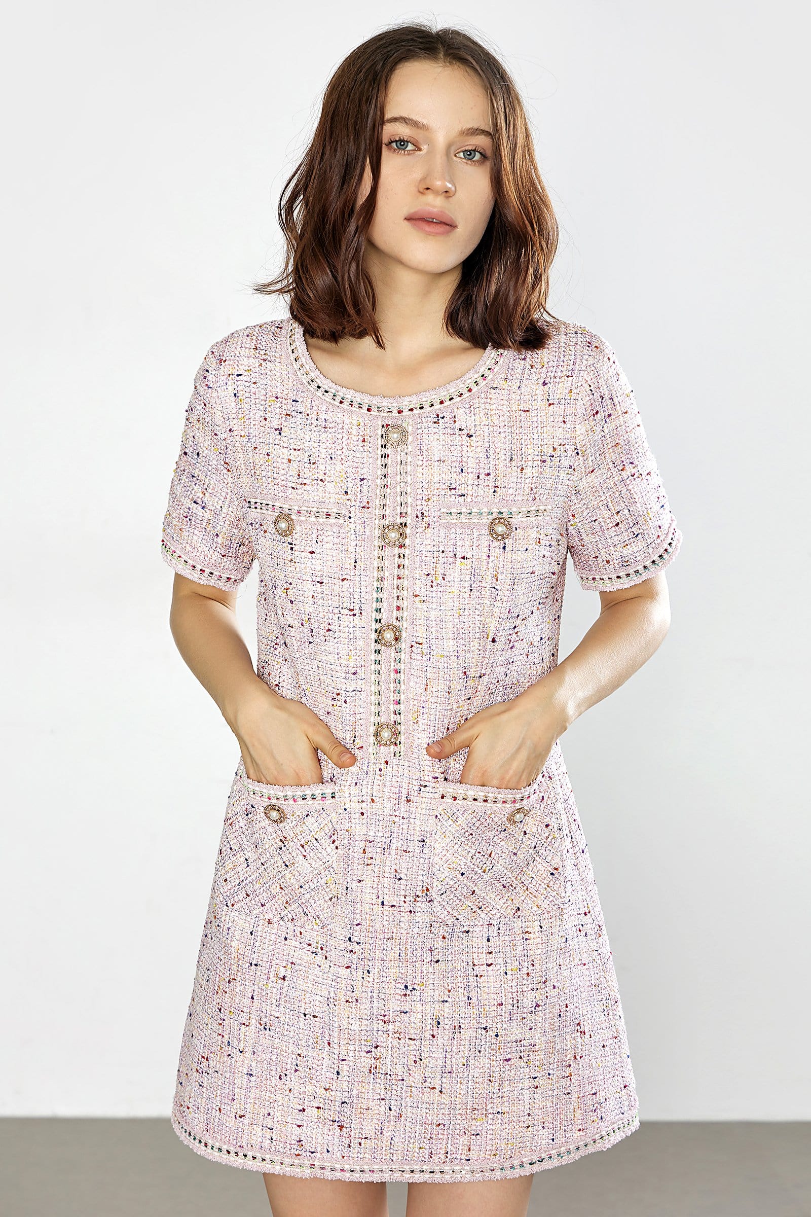 Tweed Jewel Button Patch Pocket Embellished Trim Mini Dress