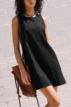 Linen Crew Neck Sleeveless Shift Mini Dress
