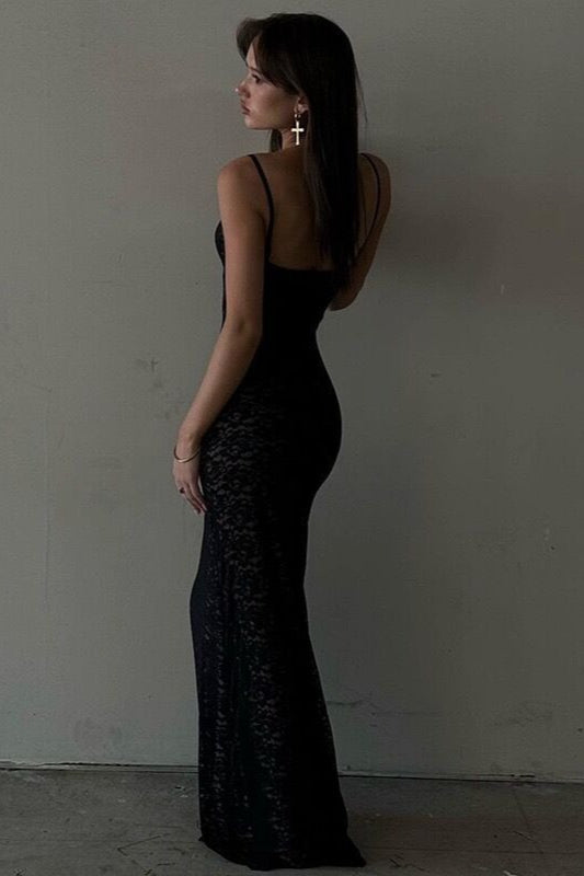 Floral Lace Sweetheart Spaghetti Strap Bodycon Maxi Dress
