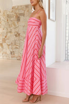 Striped Printed Spaghetti Strap Sleeveless Back Pleated Casual Maxi Dress