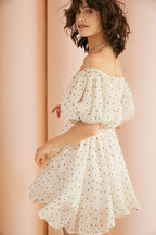 Off Shoulder Polka Dot Smocked Waist Puff Sleeve Ruffle Mini Dress