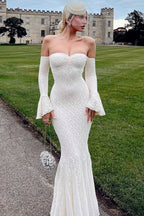 Lace Off Shoulder Bell Sleeve Sweetheart Mermaid Maxi Gown