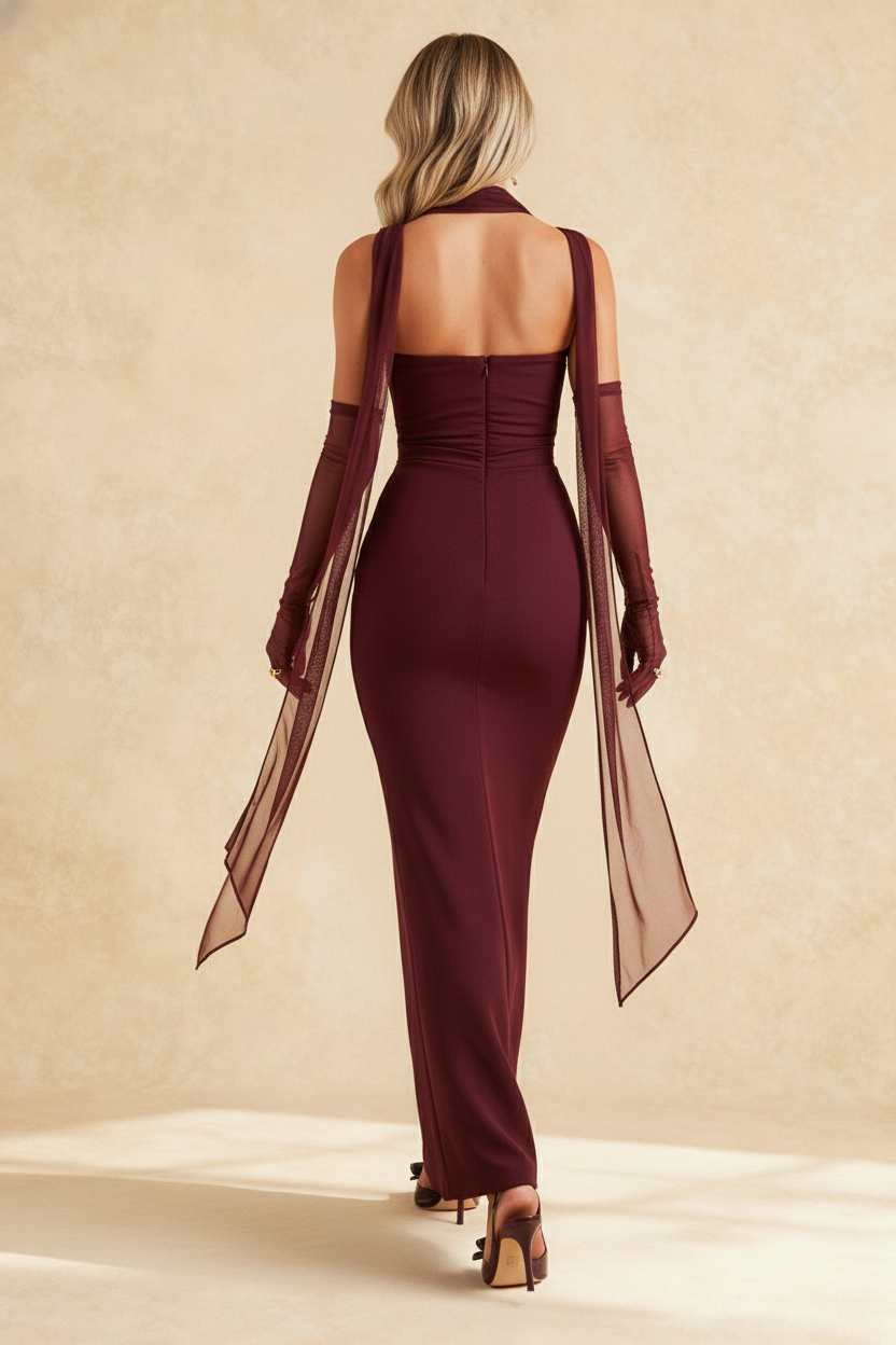 Strapless Ruched Waist Bodycon Maxi Dress Mesh Gloves Scarf Set