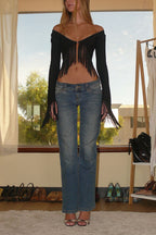 Y2K Long Sleeve Fringe Top