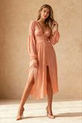 V-Neck Button Front Ruched Bodice Balloon Sleeve High Split Maxi Dress