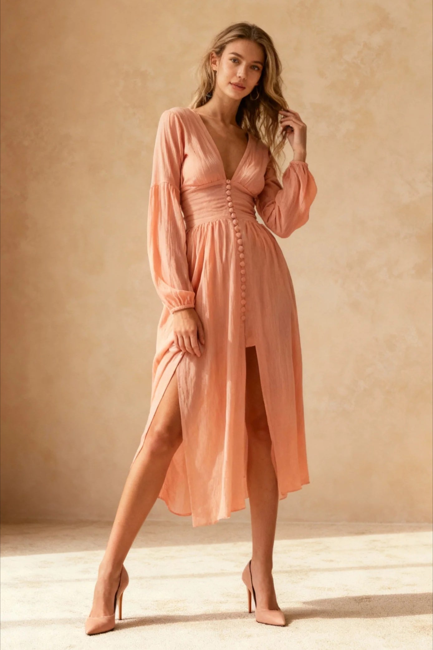 V-Neck Button Front Ruched Bodice Balloon Sleeve High Split Maxi Dress
