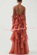 Free - Flowing Rose Detail Tiered Ruffles Halter A-line Maxi Dress