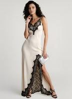 Satin Lace Panel Deep V-Neck Spaghetti Strap Lace Trim High Split Maxi Dress