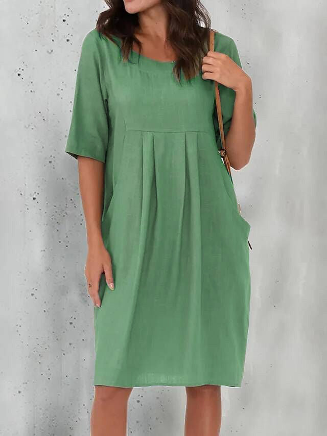 Pleated Pocket Loose  Short-sleeved Dress