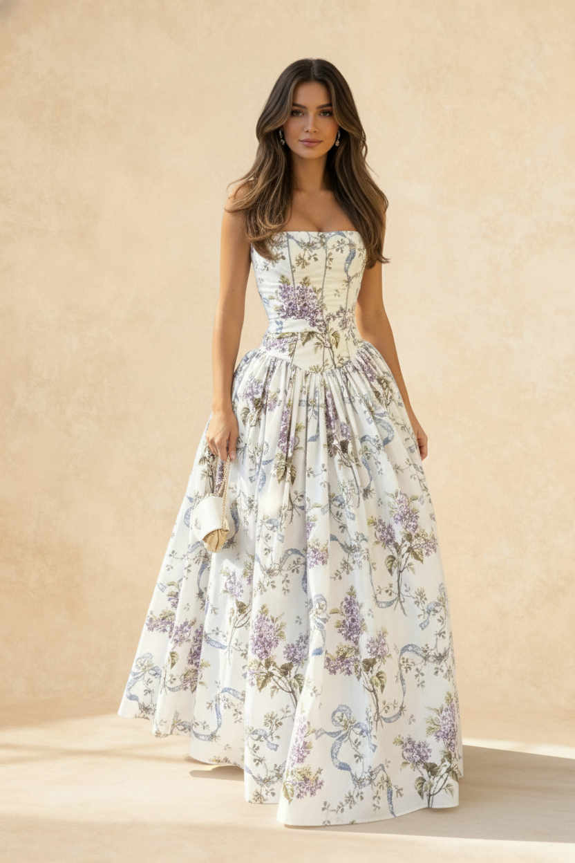 Strapless Corset Basque Waist Floral Print Ball Gown