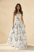 Strapless Corset Basque Waist Floral Print Ball Gown