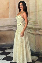 Sweetheart Halter Knot Bodice Mixed Scale Polka Dot Maxi Dress