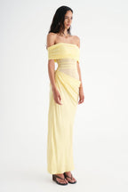 Off Shoulder Ruched Mesh Waist Panel Draped Overlay Maxi Gown