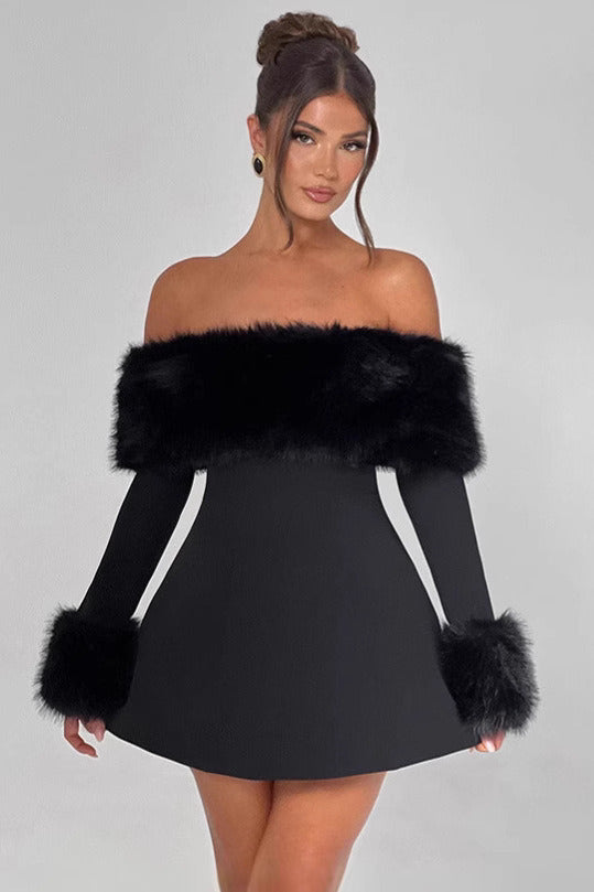 Black Faux Fur Collar Off Shoulder Bodycon Dress