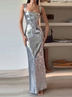Angel Boutique Charming Sequin Sling Square Collar Backless Dress Skirt Elevated Occasion Wear