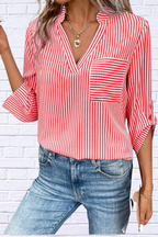 Striped Notched Roll-Tab Sleeve Shirt
