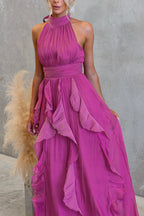 Coral Textured Metallic Chiffon Material High Tie Neck Ruffles Maxi Dress