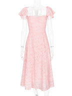 Floral Jacquard Soft Pink Dress With Butterfly Sleeve A-line Midi Party Dress For Women 2026
