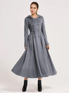 Woolen Flared Coat With Hood Dark Navy Double-breasted Elegant A-line Winter Long Outerwear For Women 2026