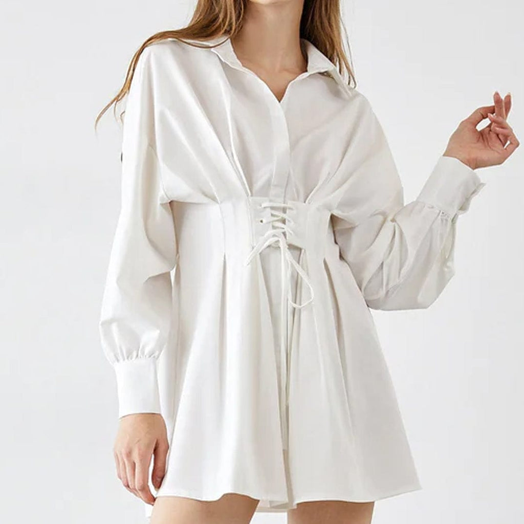 Pointed Collar Puff Sleeve Lace-Up Corset Waist Shirt Mini Dress
