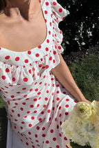 Polka Dot Ruffle Neck Cap Sleeve Bodycon Maxi Summer Dress