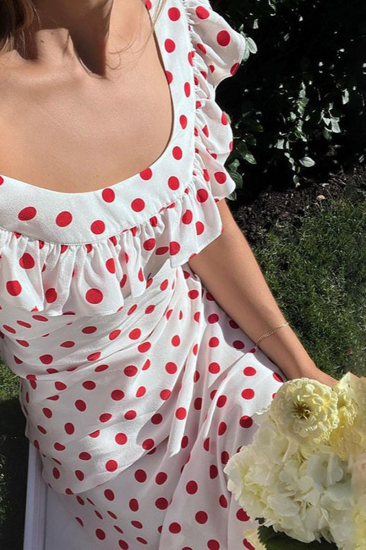 Polka Dot Ruffle Neck Cap Sleeve Bodycon Maxi Summer Dress
