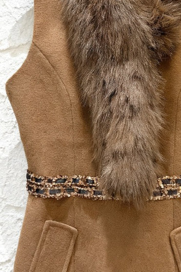 Brown Faux Fur Sleeveless Embellished Midi Dress