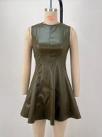 Sleeveless Olive Faux Leather Paneled Pleated Fit And Flare Mini Dress For Women 2026