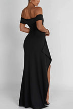 Off Shoulder Ruched Bodycon High Split Maxi Dress