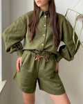 Casual dark green lantern sleeve two-piece set