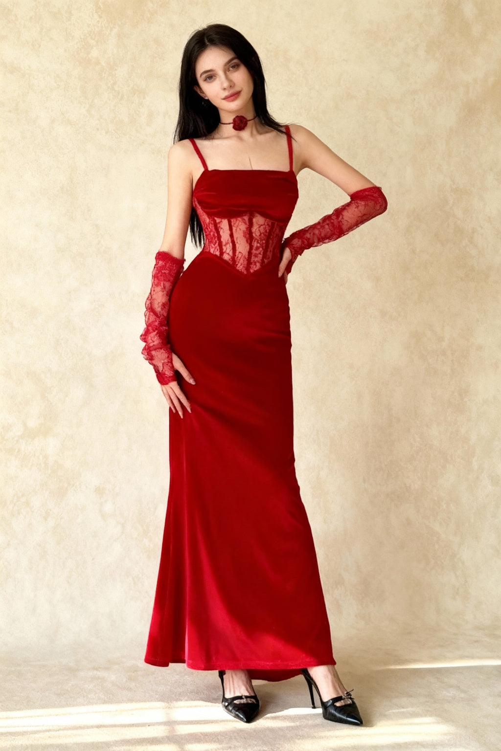 Velvet Square Neck Spaghetti Strap Lace Corset Mermaid Maxi Gown