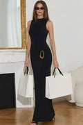 Sleeveless Mock Neck Ruched Waist Metal Ring Buckle Bodycon Maxi Dress