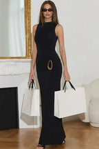 Sleeveless Mock Neck Ruched Waist Metal Ring Buckle Bodycon Maxi Dress