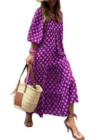 Puff Sleeve Tiered Geometric Print Boho Maxi Dress