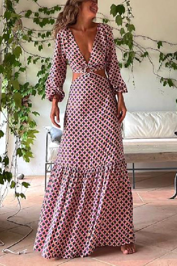 Geometric Print Deep V-Neck Balloon Sleeve O-Ring Waist Cut Out Maxi Dress