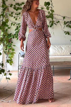 Geometric Print Deep V-Neck Balloon Sleeve O-Ring Waist Cut Out Maxi Dress