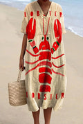 Lobster Graphic Oversized V-Neck Short Sleeve Linen Shift Midi Dress