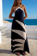 Stylish Color-blocked Print Halter Neck Backless Casual Vacation Maxi Dress