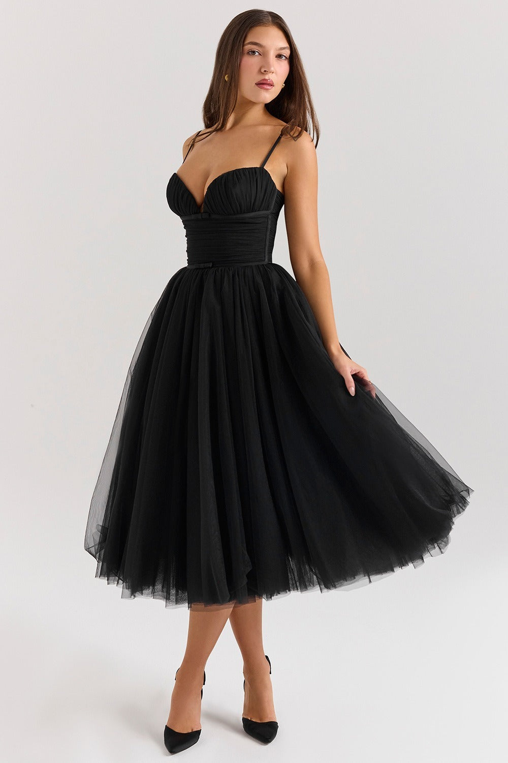 Ruched Sweetheart Pleated Bodice Tulle Layered Skirt Spaghetti Strap Midi Dress