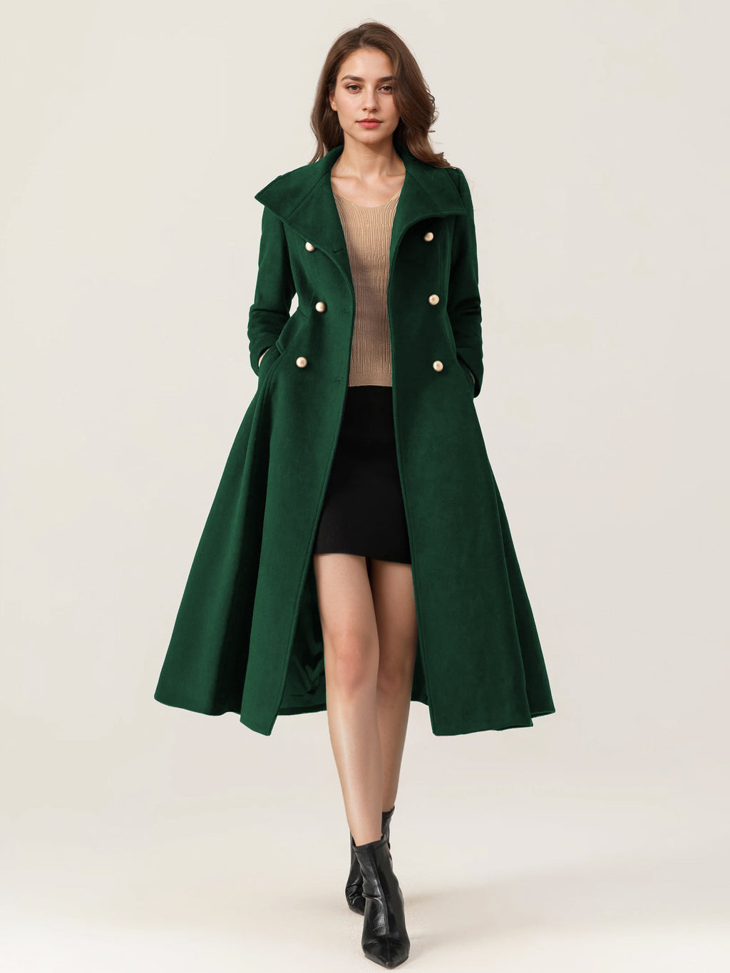Woolen Flared Coat For Woman Stand Collar Dark Navy Vintage Double-breasted Winter Midi Outerwear 2026